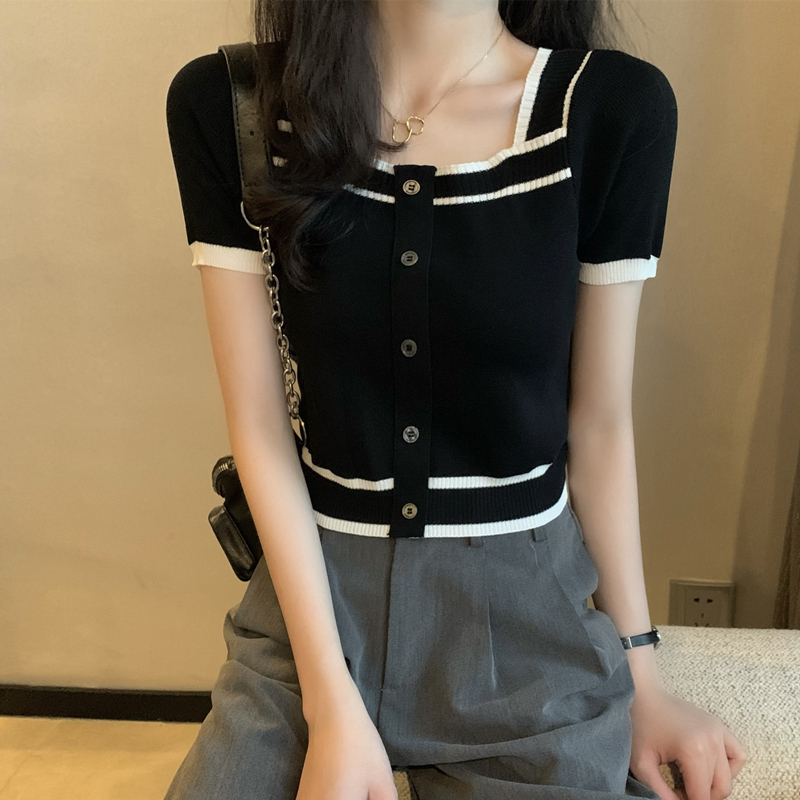 冰絲針織衫女短袖夏季薄款法式方領設計感小眾短款緊身t恤上衣服