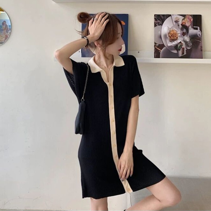 2024夏裝季新款氣質裙子女薄款polo領格紋冰絲針織連衣裙女小黑裙
