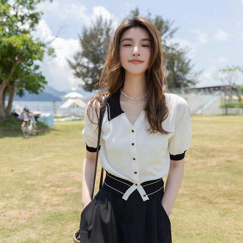 謎秀 針織衫女短袖2024夏季新款法式薄款v領小眾設計感t恤上衣