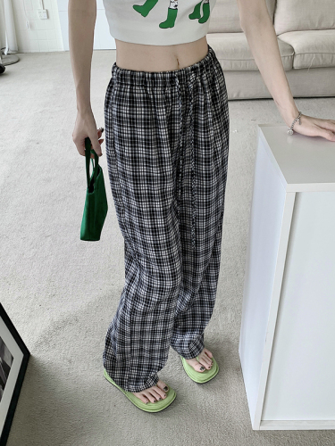 Actual shot of lazy plaid casual pants for women, thin Korean version, loose, high-waisted, slim, versatile straight pants
