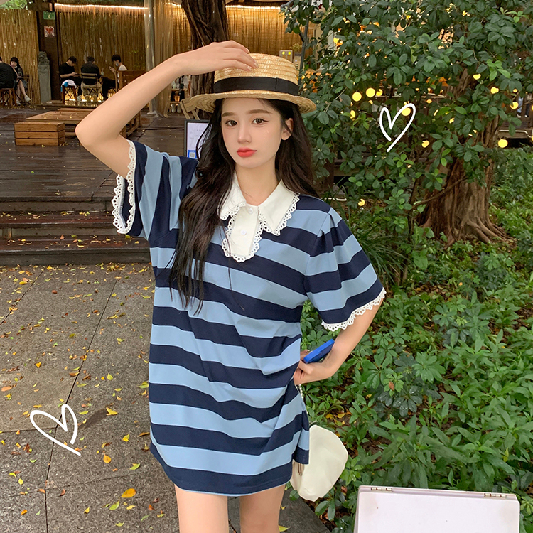 撞色polo領條紋連衣裙2024夏季新款女蕾絲邊拼接寬鬆顯瘦裙子