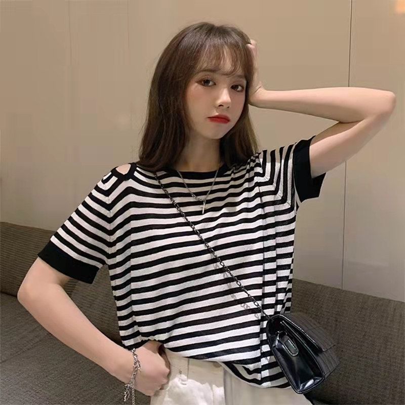 2024夏設計感小眾露肩條紋短袖t恤女寬鬆韓版潮oversize上衣
