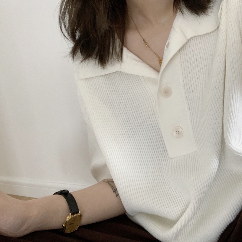 軟奶藍色翻領衣法式polo針織衫薄款女短袖夏季冰絲新款夏寬鬆上衣