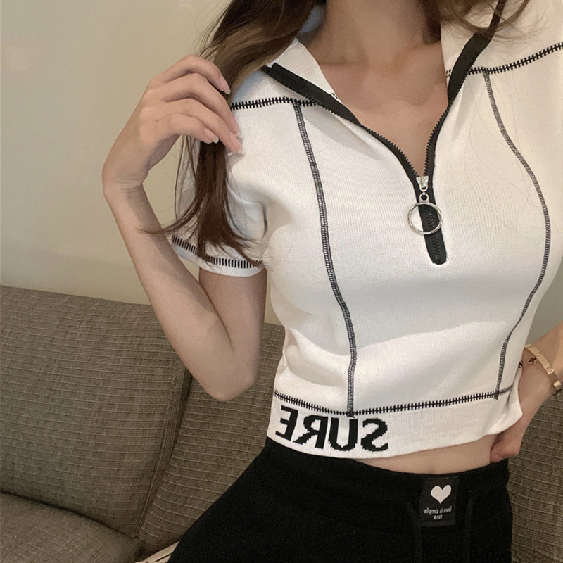 歐貨設計感拉鏈冰絲針織短袖T恤女2024夏裝新款緊身小衫短款上衣