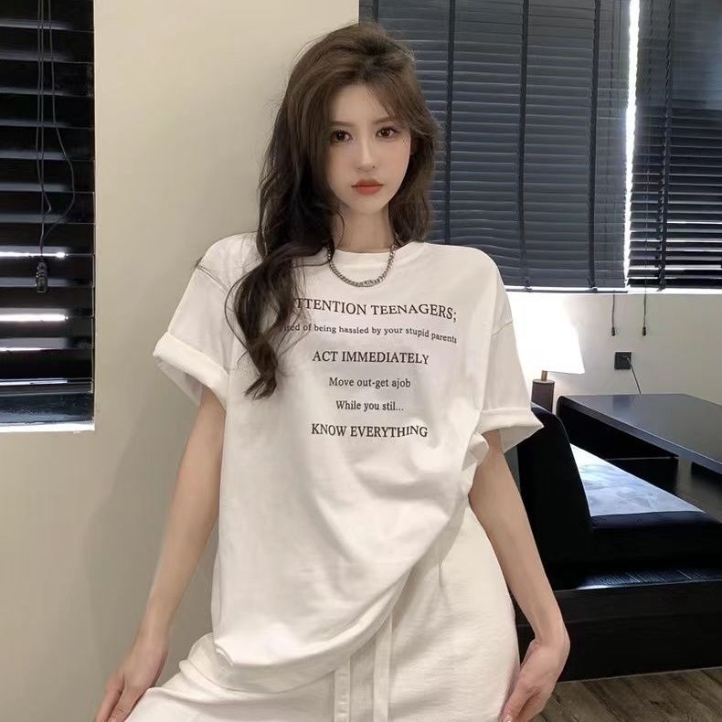 Letter simple summer pure cotton white short-sleeved T-shirt for women with bottoming shirt for women with versatile loose ins style top trend