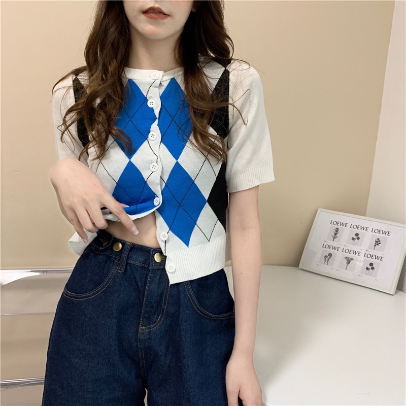 2024新款韓版V領菱格長袖短款針織系扣開衫毛衣外搭女秋季外套