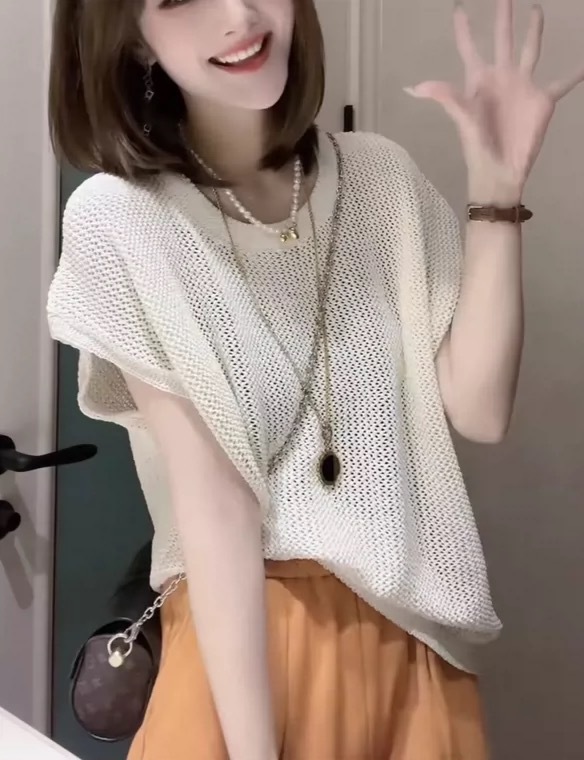 歐貨鏤空針織衫夏季薄款天絲麻T恤女2024新款寬鬆顯瘦打底衫