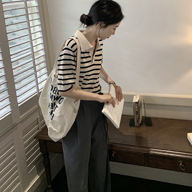 條紋t恤女夏薄款2024年新款寬鬆短袖polo衫學院風早秋長袖上衣ins
