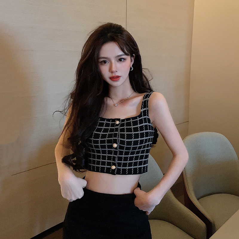 吊帶女夏季外穿背心法式性感美背設計感格子短款氣質辣妹無袖上衣