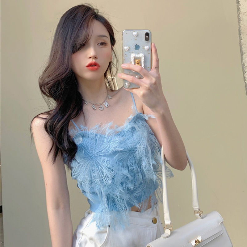 超仙設計感流蘇羽毛短款小吊帶背心女夏裝外穿別致奶內搭魅惑上衣