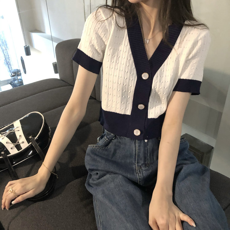 針織開衫薄款女短袖2024年新款夏季寬鬆ins甜辣溫柔風v領短款上衣