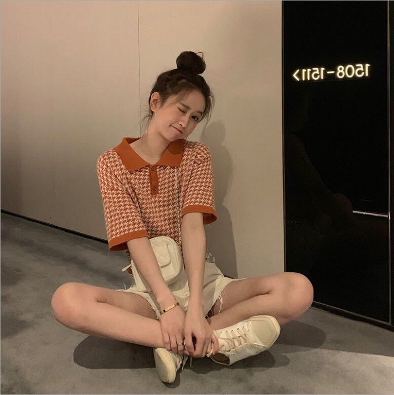 ROUWANBABY 190522 少女指南 短款千鳥格針織polo衫上衣