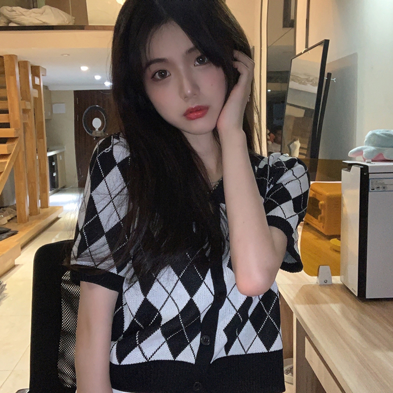 女裝復古短款菱格針織衫女夏季新款胖妹妹顯瘦polo領短袖上衣