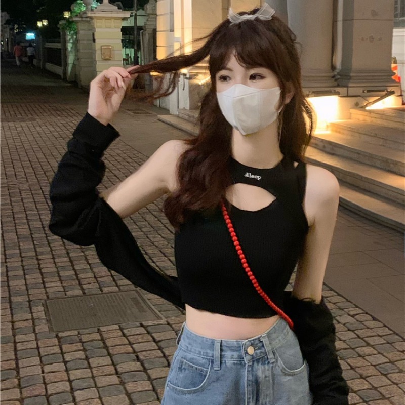 假兩件無袖背心女外穿修身設計感心機鏤空短款露臍辣妹打底上衣夏