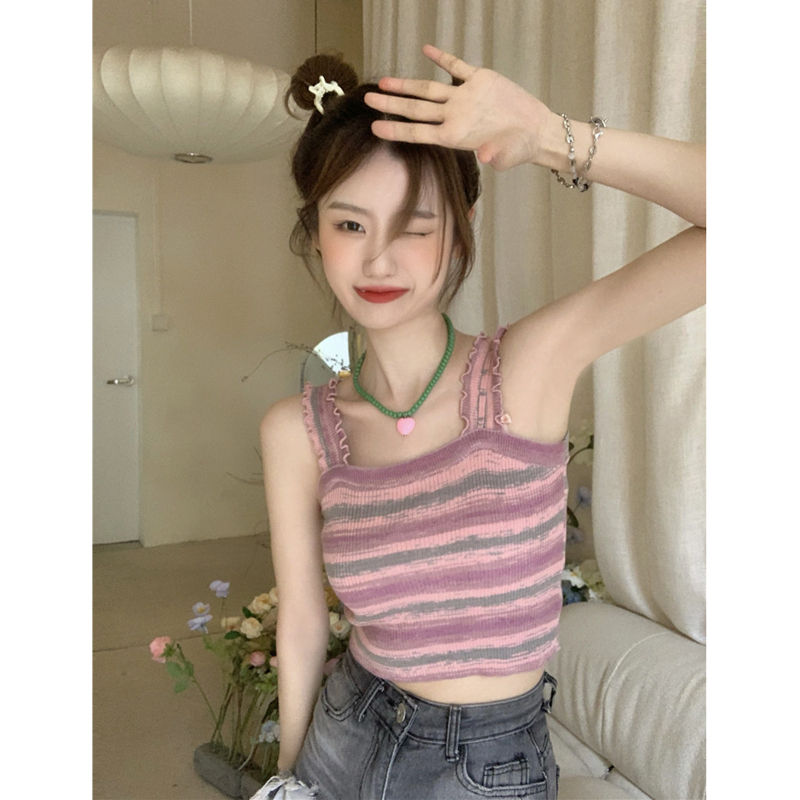 撞色木耳邊條紋針織吊帶夏季新款辣妹M風修身短款氣質背心上衣女