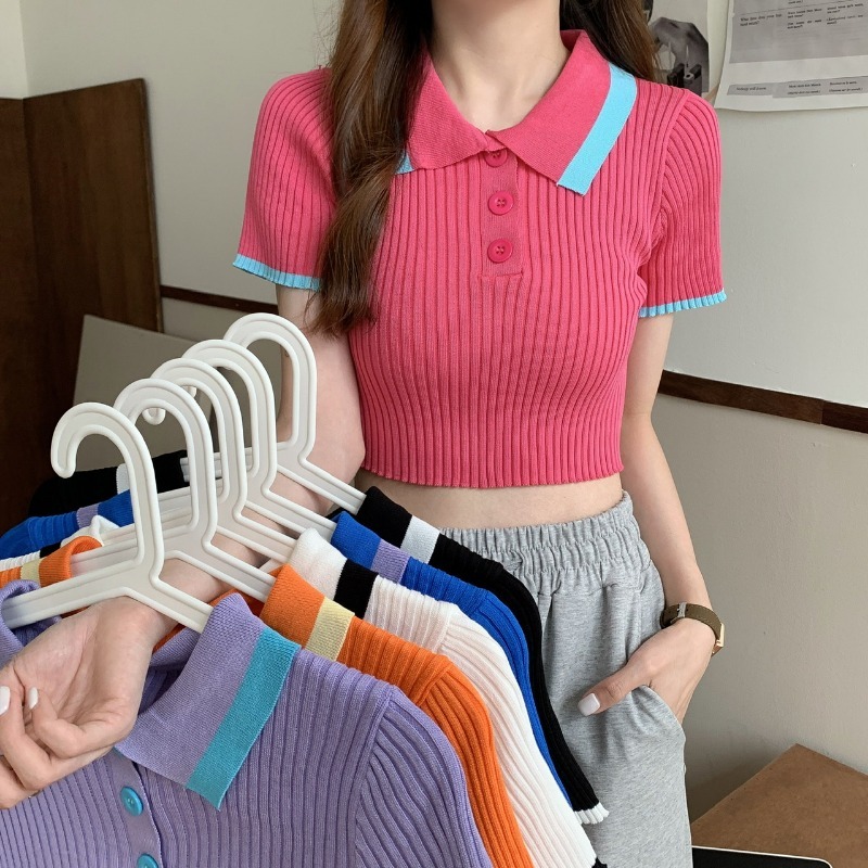 玫粉甜辣妹露臍短款上衣配高腰褲女2024夏天顯瘦橘色正肩短袖T恤