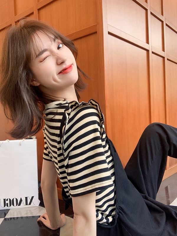 小穀粒韓版木耳邊條紋短袖T恤女2024夏裝新款設計感別致小眾上衣