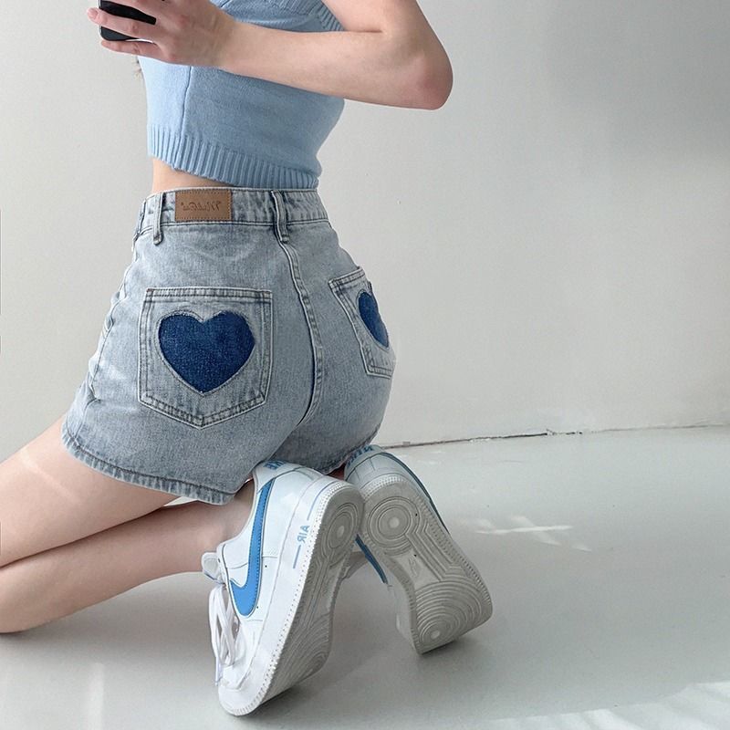 Fashionable street style love denim shorts for women 2022 spring and summer new wide-leg European and American high street a-line hot pants ins trend