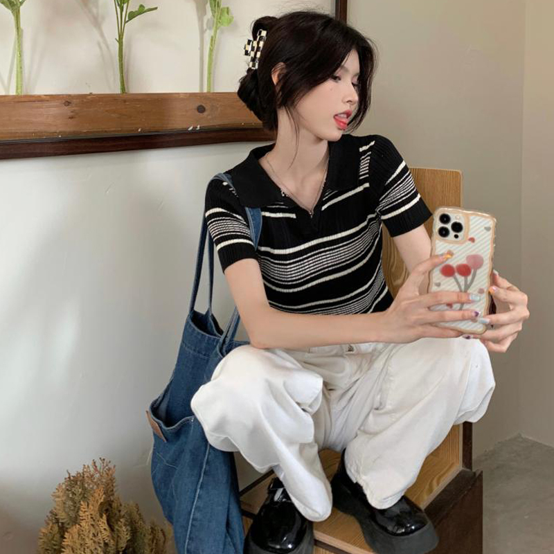 韓版復古洋氣氣質修身短袖polo領別致條紋針織衫正肩T恤上衣女夏