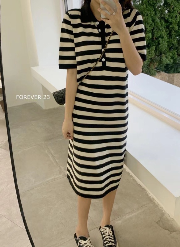 forever24夏季減齡設計感慵懶風polo領條紋短袖連衣裙女顯瘦長裙