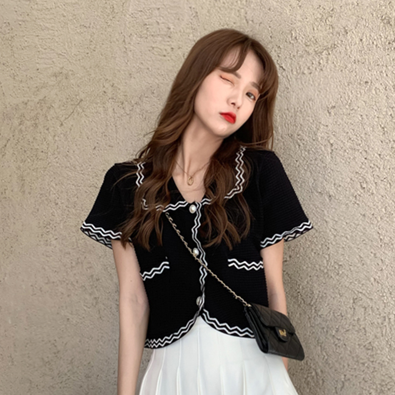 2024新款網紅小香風短款上衣女夏季寬鬆薄款開衫娃娃領短袖小外套