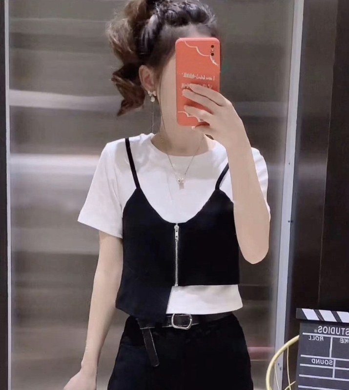 不規則假兩件拼接短袖T恤女設計感個性小個子女生拉鏈上衣夏季潮