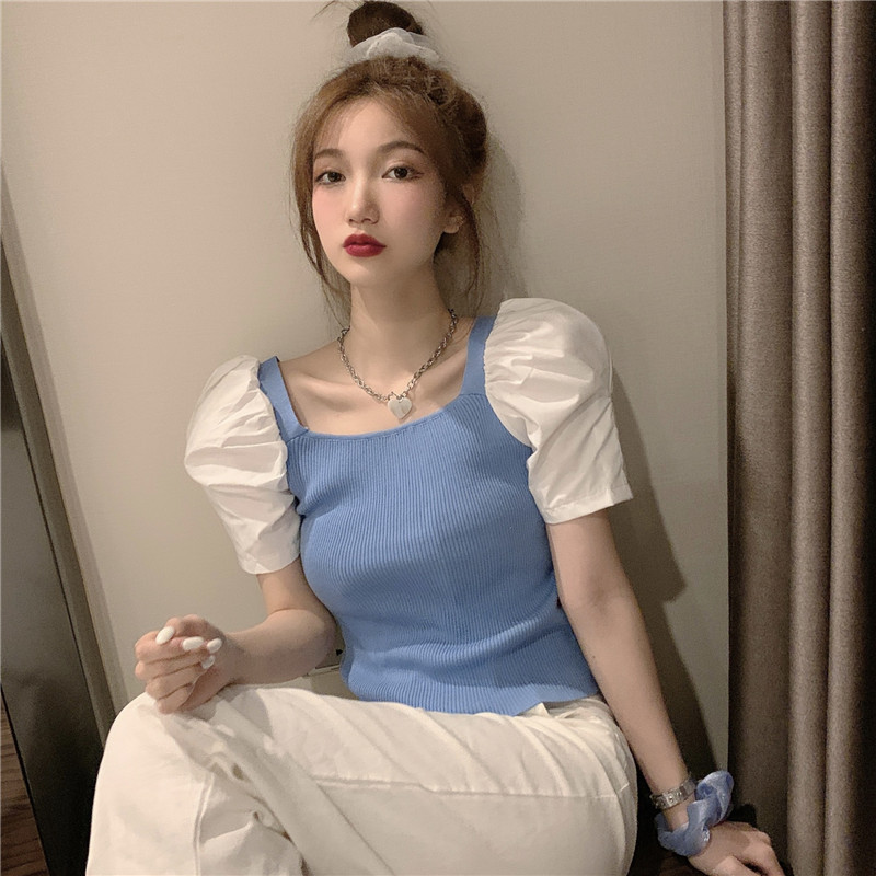 2024夏季新款網紅ins超火泡泡袖方領百搭上衣短袖拼接針織t恤女裝