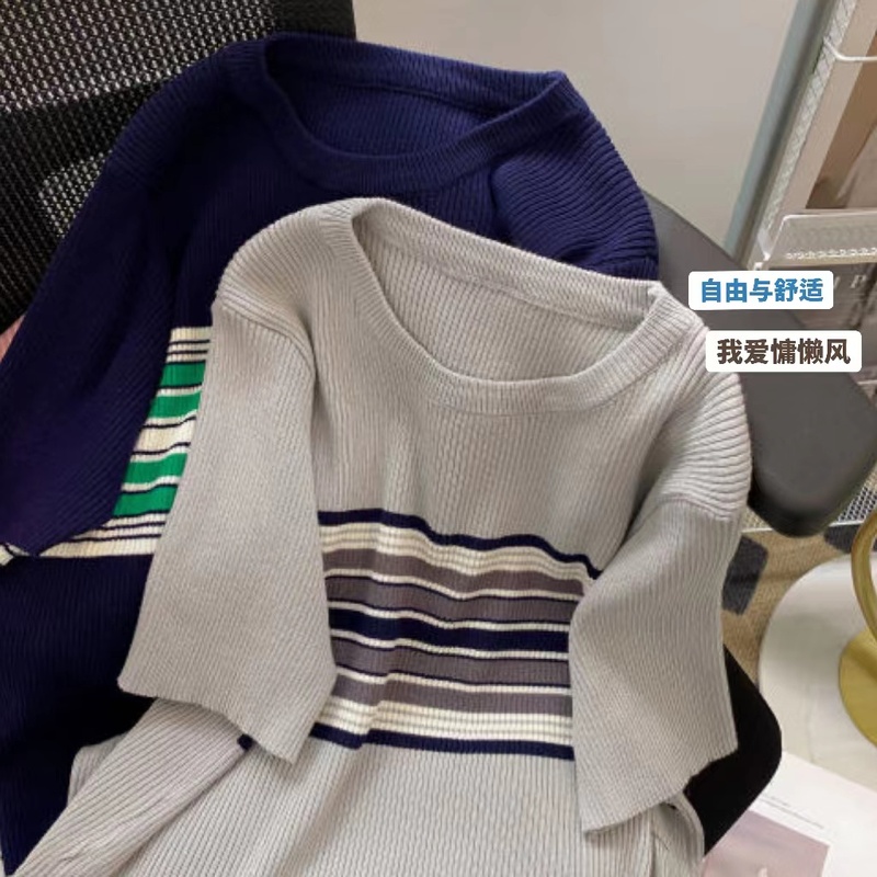 條紋撞色針織短袖正肩t恤女夏夏季短款體恤設計感小眾上衣小個子