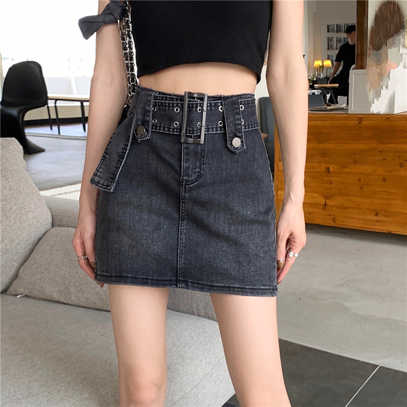 Real shot of retro denim skirt for women 2024 spring new high waist bag hip skirt anti-exposure A-line short skirt pants