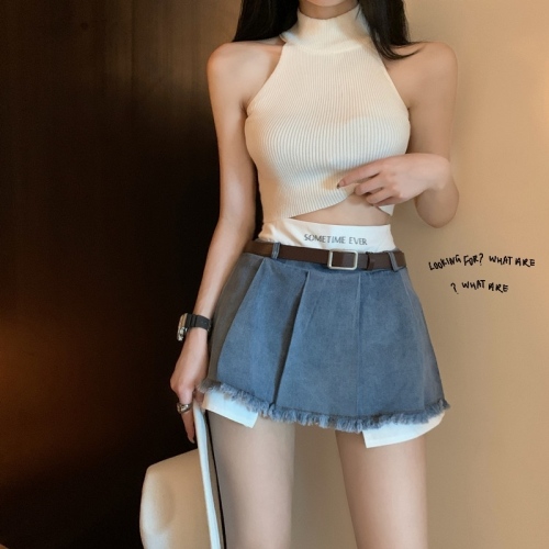 Real shot of hot girl denim skirt long legs secret irregular fake two piece mini skirt pleated skirt