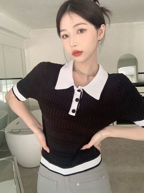 polo領短袖針織衫女薄款夏季設計感小眾港味寬鬆顯瘦短款T恤上衣