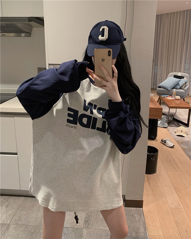 實拍～ 中長款寬鬆休閒百搭拼色字母印花圓領長袖T恤上衣女