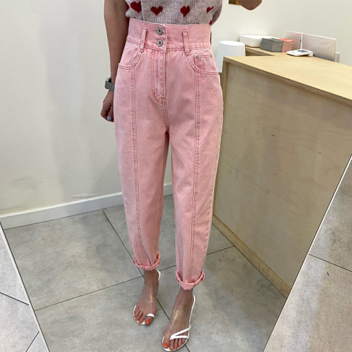 Spring and summer ~ self-preserved sweet cherry blossom pink high-waisted harem pants slimming denim trousers