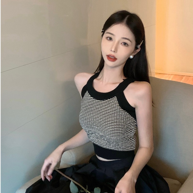 2024年夏季新款小香風撞色短款收腰甜辣外搭針織小吊帶背心女上衣