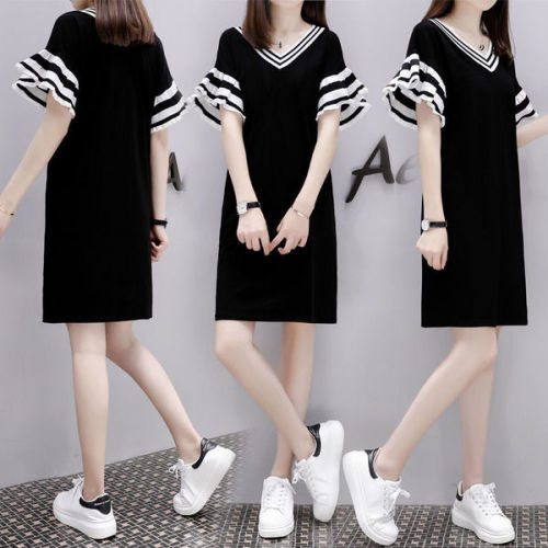 2024 dress for women spring and autumn striped large size loose straight mid-length belly-covering slimming bottoming dress for women spring