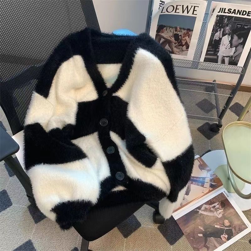 Lazy plush striped color-blocked sweater top for women autumn V-neck soft waxy mid-length thickened cardigan jacket