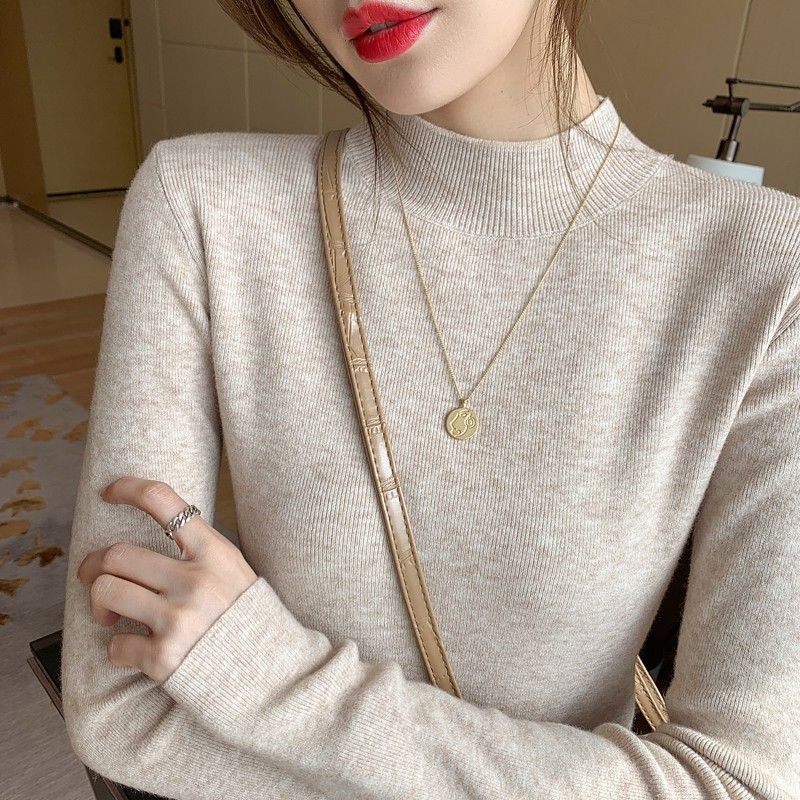 Half turtleneck knitted bottoming shirt for women 2024 new autumn and winter soft and waxy slim long-sleeved inner top with gentle style sweater