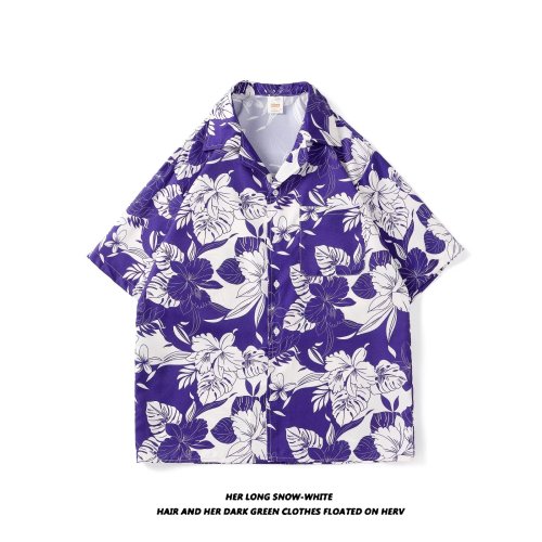 2024 summer short-sleeved shirt men's vacation shirt loose handsome trendy men's shirt beach shirt Hawaiian style