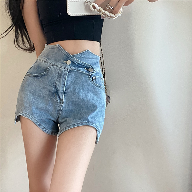 Real shot of irregular slimming design stretch shorts new wide-leg high-waisted denim hot pants