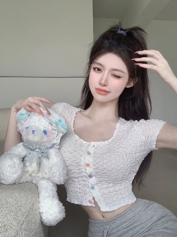 辣妹純欲方領t恤女夏季小個子洋氣減齡修身顯瘦短款露臍緊身上衣