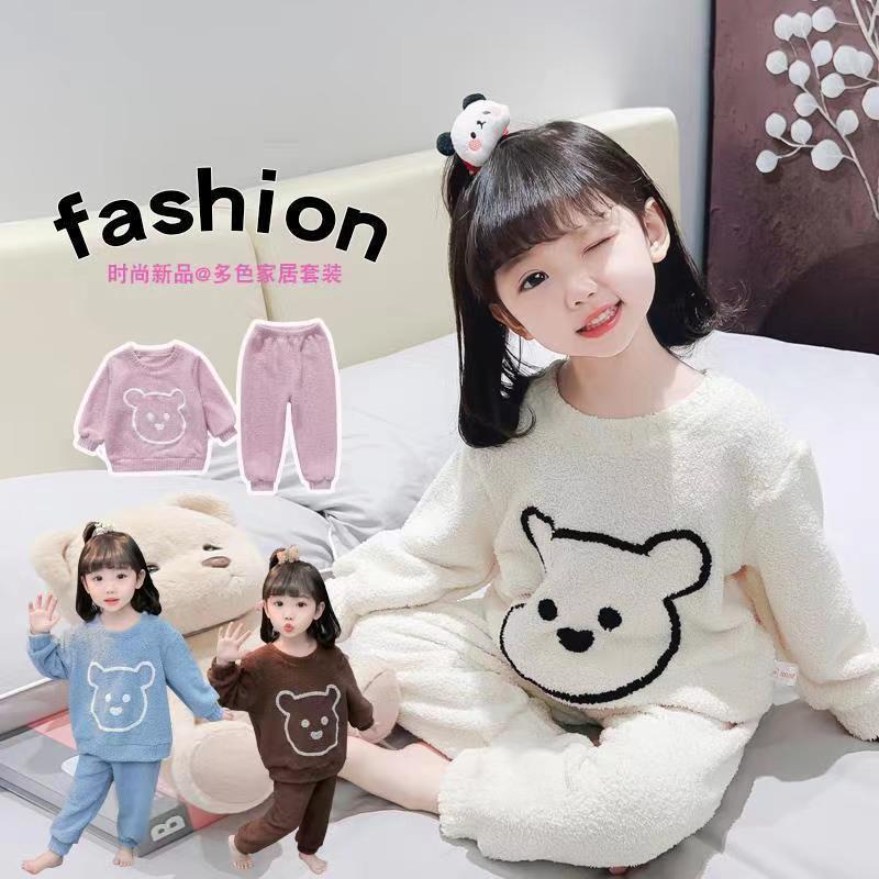 Boys and girls home wear set autumn and winter new children's plush pajamas milli velvet round neck top two-piece set