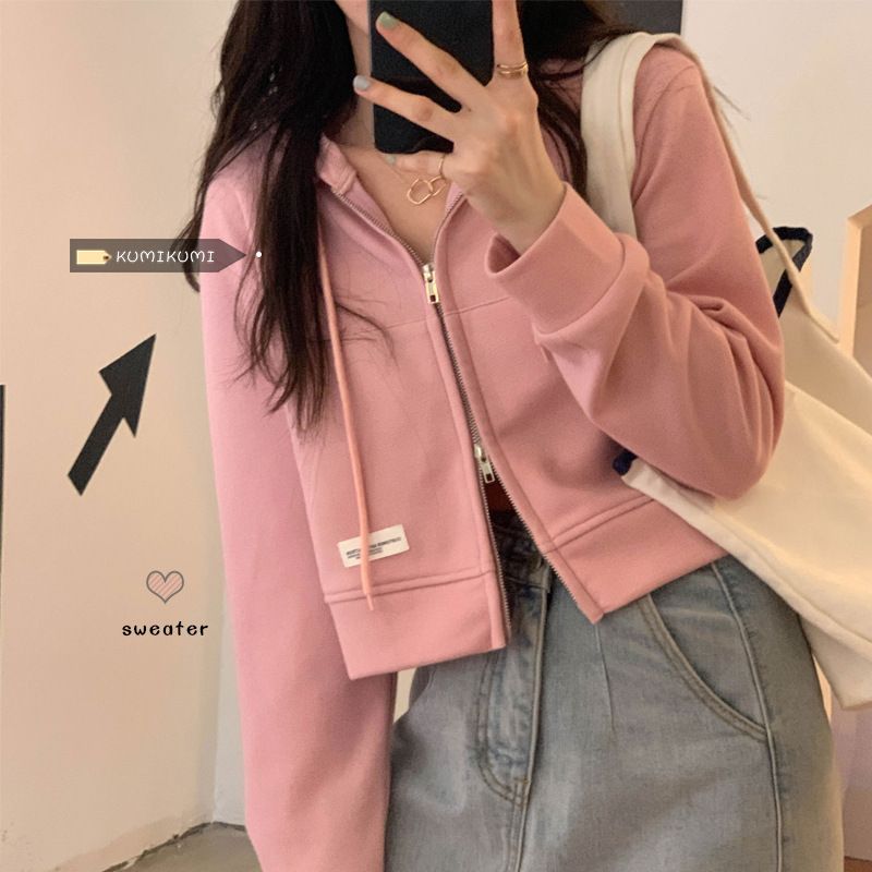 Design niche zipper slim fit top women's autumn versatile short long-sleeved chic hooded sweater jacket trendy
