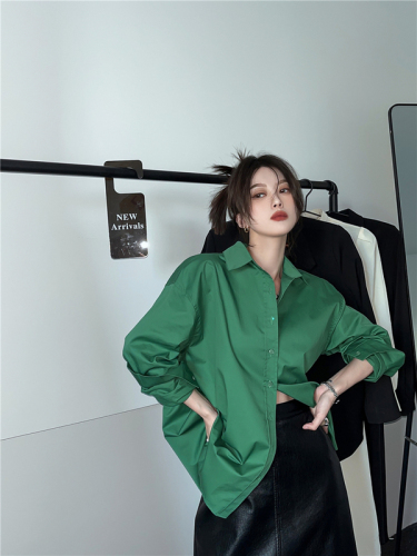 Real shot of Korean style women's tops, women's design niche long-sleeved shirts, new green tops
