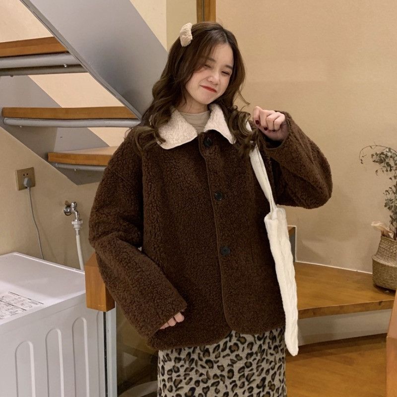 204 Colorblock Lapel Lamb Plush Jacket Women's Autumn and Winter 2023 New Loose Versatile Jacket Top Trendy Ins