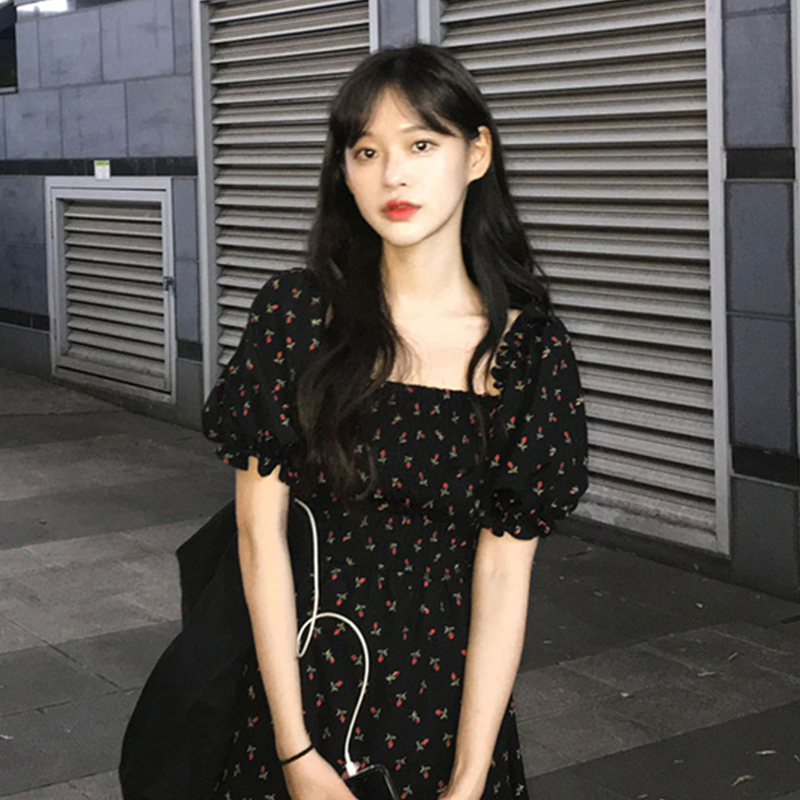 2024 Summer New Tea Break Platycodon Skirt French Black Retro Square Neck Puff Sleeve Chiffon Floral Dress for Women