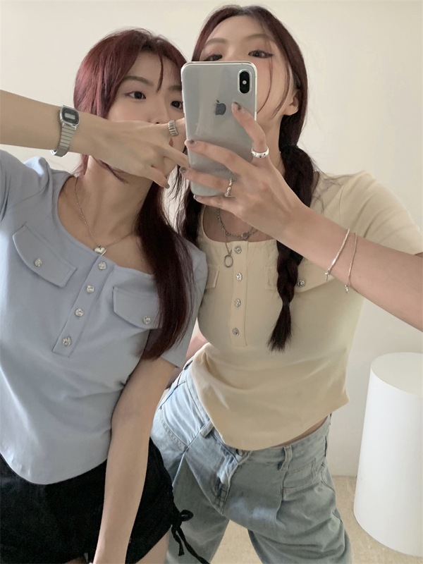 Real shot 2024 new solid color irregular pure desire top square collar short-sleeved T-shirt