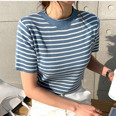 Summer new Korean fashion striped fresh and versatile casual round neck ice silk knitted T-shirt