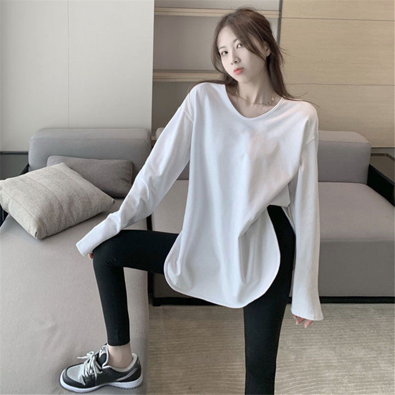 DeRong white slit long-sleeved T-shirt for women plus velvet bottoming shirt for women to wear with autumn and winter new loose v-neck temperament top