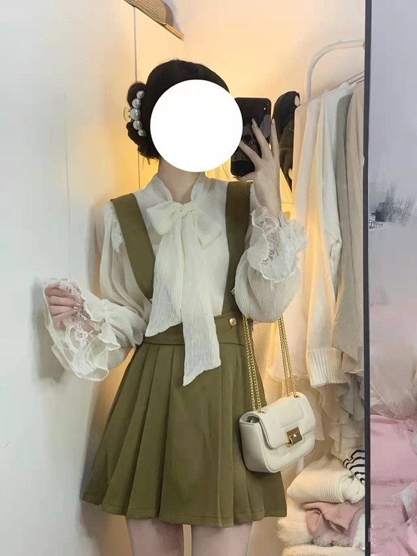 2024 early spring new French chiffon lace splicing lace-up shirt high-waist pleated suspender skirt waist slimming suit