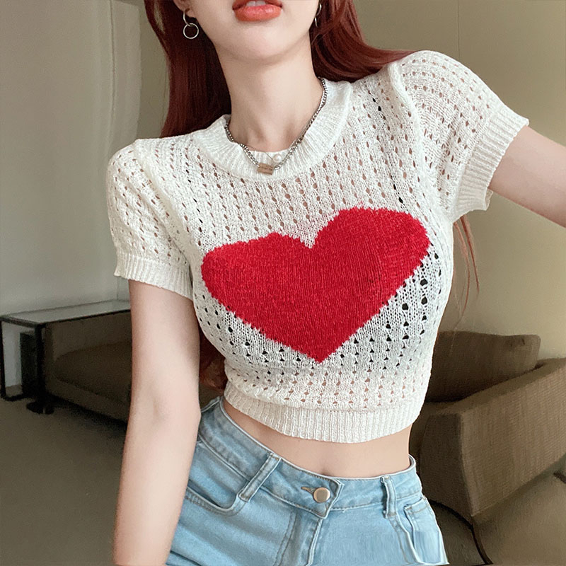 Slim slim round neck short-sleeved love knitted t-shirt for women summer Korean style hollow sweater versatile short top trendy